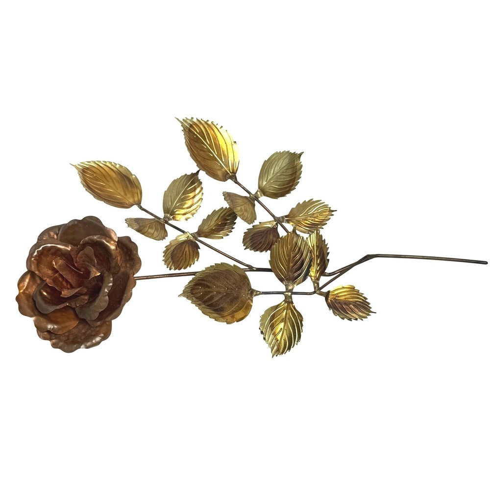 Vintage Homco Brass Copper Metal Long Stem Rose Flower Wall Art Decor 14 Inch